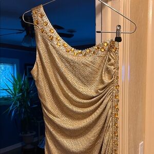 Cache Gold One-Shoulder Dress with Embellishments